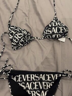 Versace Black & White Logo String Bikini Top